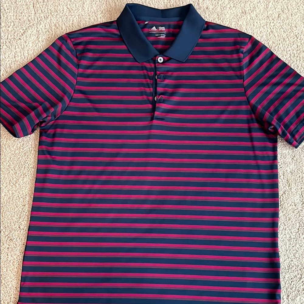 Adidas Men's Pink / Navy Striped Golf Polo Shirt - Size Large